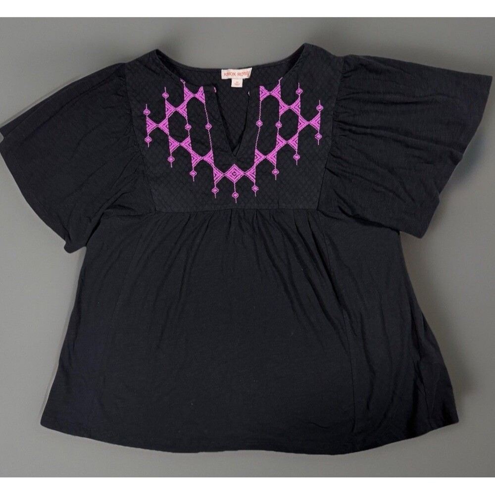 Knox Rose Women XS Black Pink Embroidered Peasant Blouse Flutter Sleeve Boho